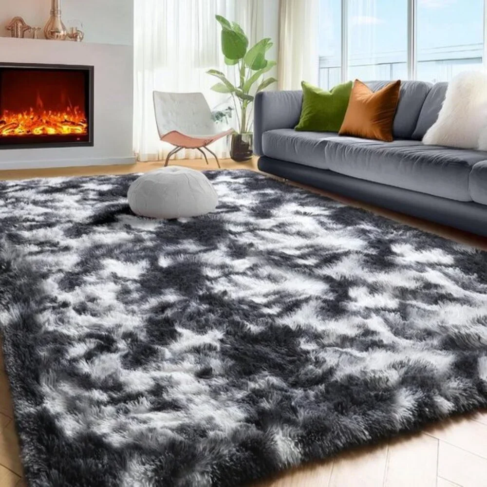New 5x8 Black White Grey Shag Rug, Fluffy Soft Carpet for Home & Room Decor
